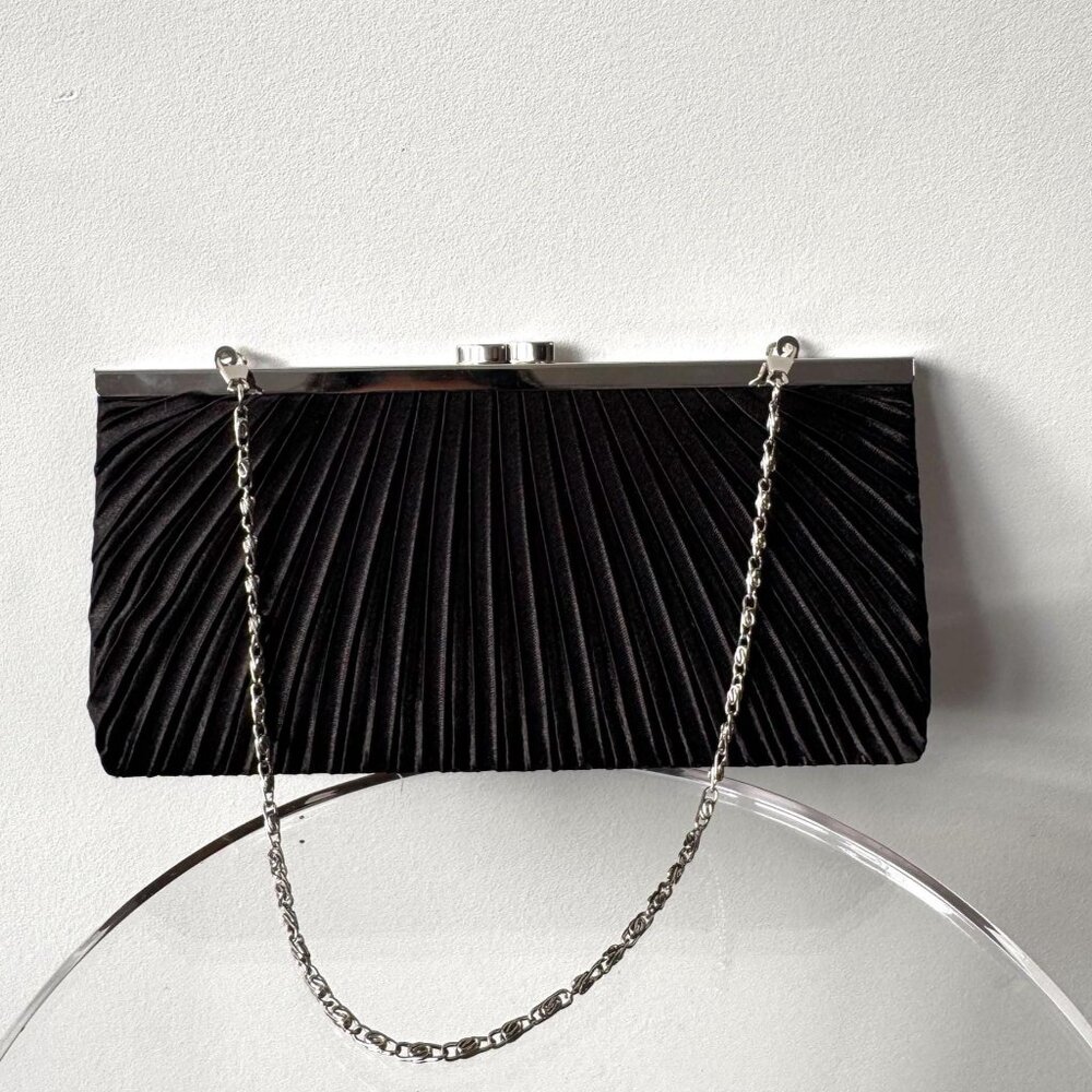 90s vintage black satin pleated classic silver chain formal evening bag clutch
